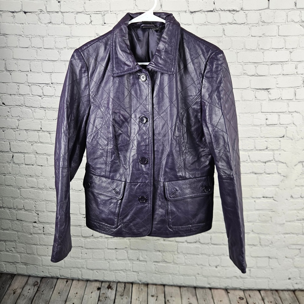 Cami Purple Leather Jacket Diamond Quilted Button Front Blazer Size 10 H0256